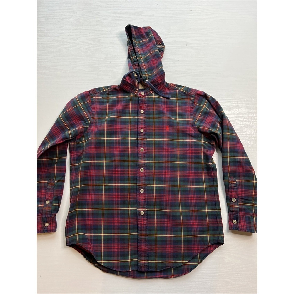 Polo Ralph Lauren Hooded Button Down Shirt Tartan Plaid Mens M Cotton